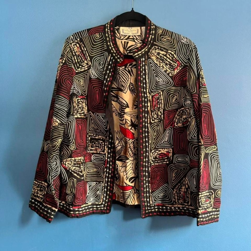 Vintage 90s Jacket Women's Size Large Petite 100% Cotton Embroidered Boho Tribal